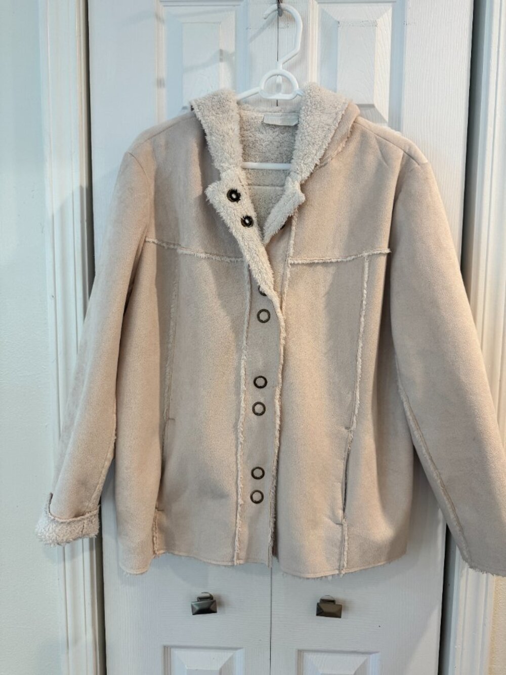 MiFRESIA Beige Faux Suede Sherpa Lined Hooded Jacket Coat
